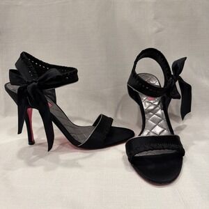 Betsey Johnson Black Satin Heels Stilettos Ankle Strap Bow Sz. 9.5 M Silver Trim